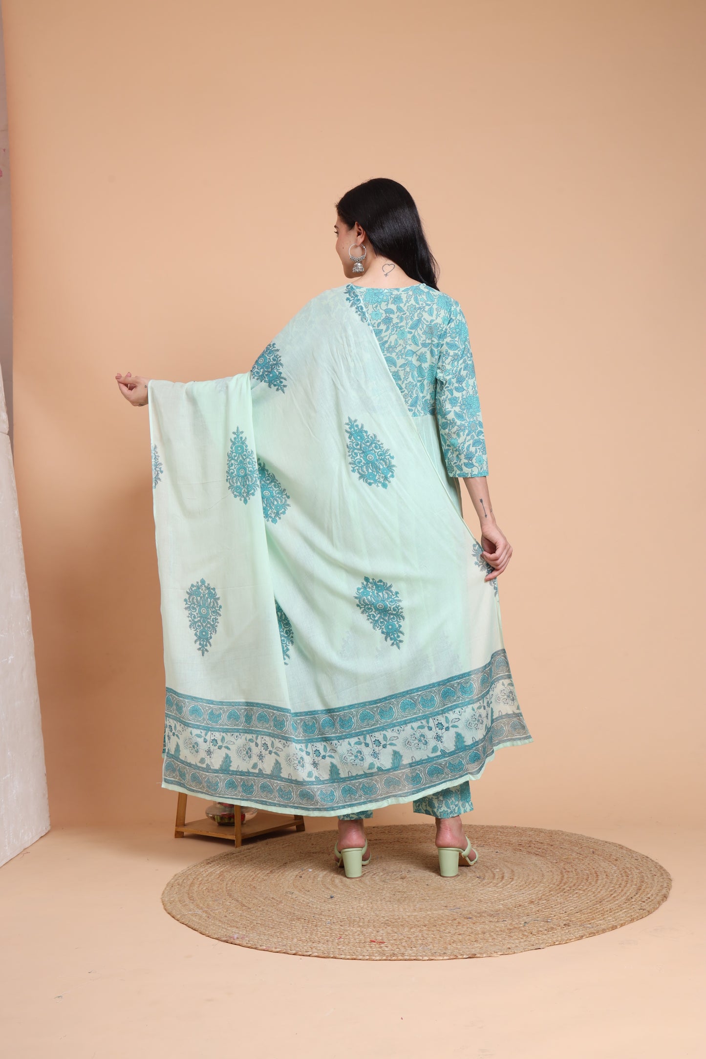 Yash Gallery Women's Green Cotton Dobby Printed Anarkali Kurta Set with Pant & Dupatta