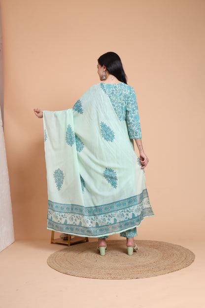 Yash Gallery Women's Green Cotton Dobby Printed Anarkali Kurta Set with Pant & Dupatta
