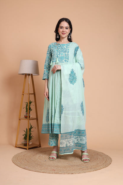 Yash Gallery Women's Green Cotton Dobby Printed Anarkali Kurta Set with Pant & Dupatta