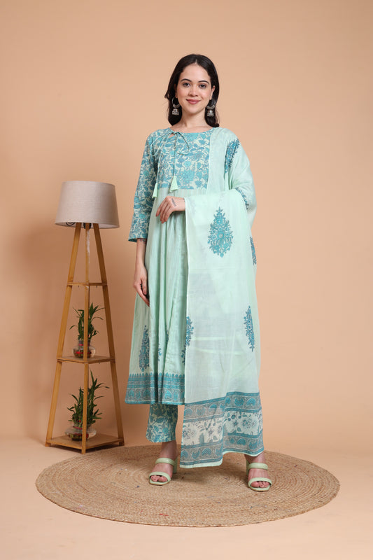 Yash Gallery Women's Green Cotton Dobby Printed Anarkali Kurta Set with Pant & Dupatta