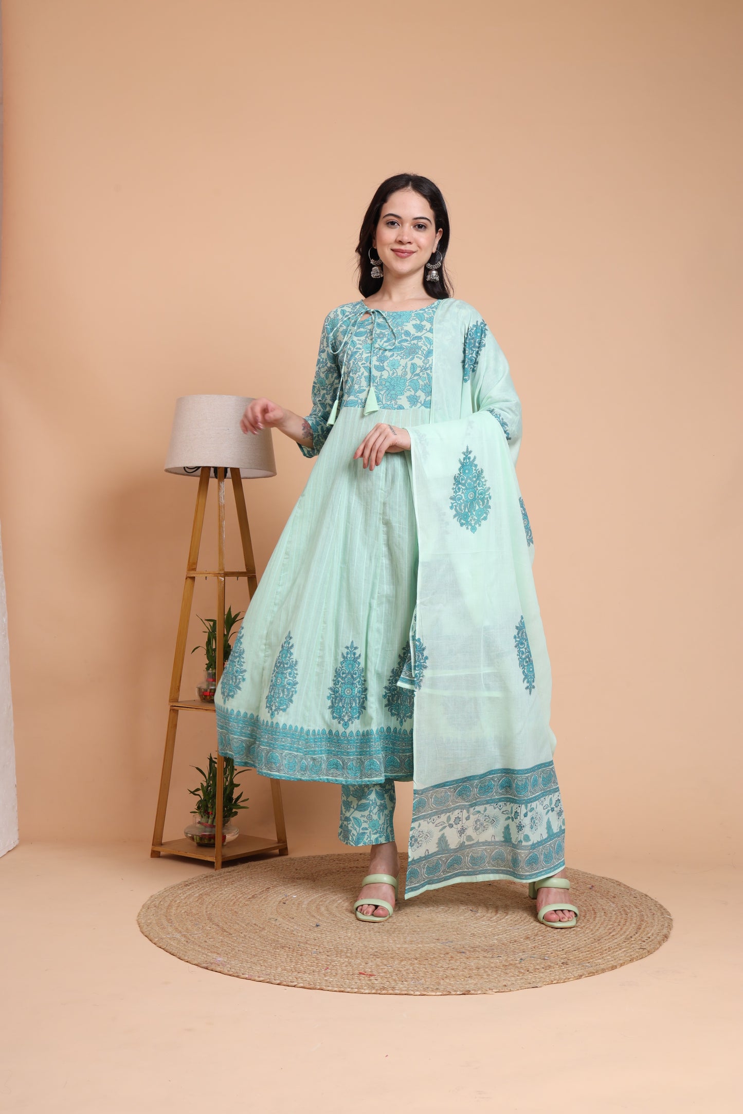 Yash Gallery Women's Green Cotton Dobby Printed Anarkali Kurta Set with Pant & Dupatta
