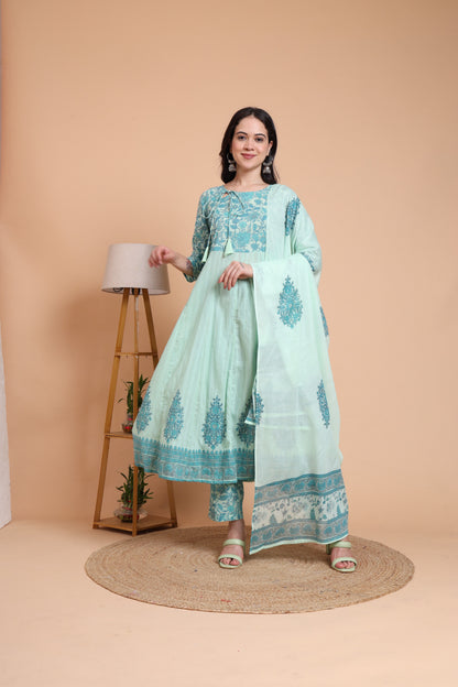 Yash Gallery Women's Green Cotton Dobby Printed Anarkali Kurta Set with Pant & Dupatta