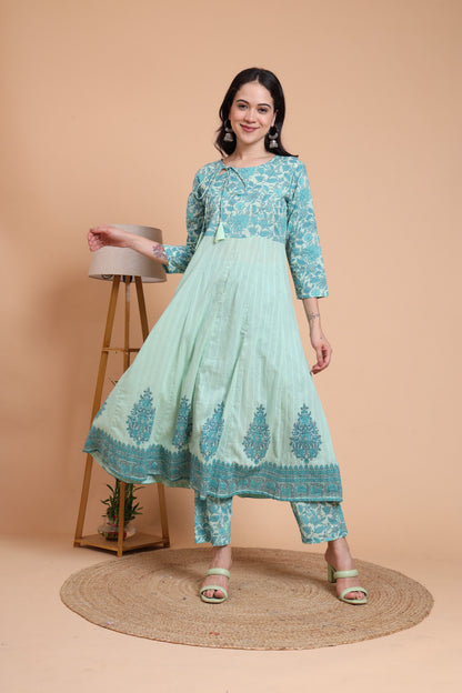 Yash Gallery Women's Green Cotton Dobby Printed Anarkali Kurta Set with Pant & Dupatta