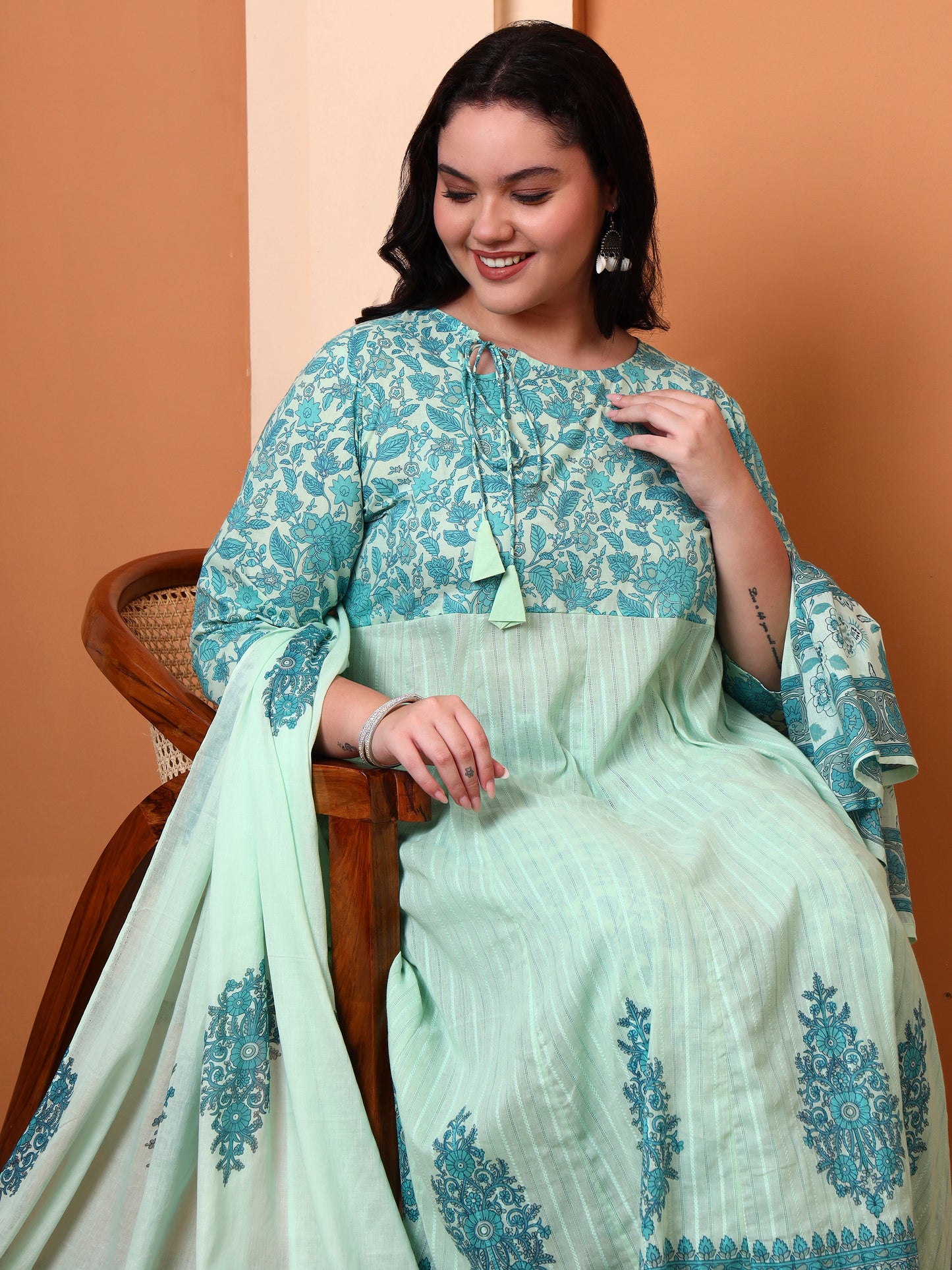 Yash Gallery Women's Green Cotton Dobby Printed Anarkali Kurta Set with Pant & Dupatta Plus Size