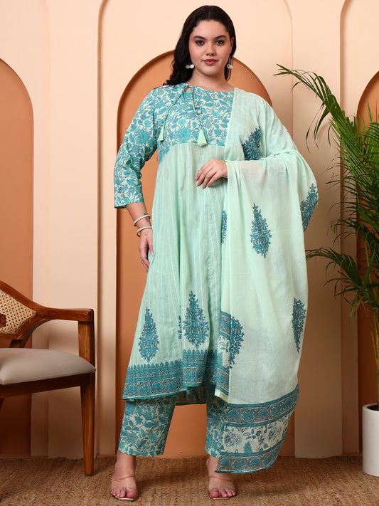 Yash Gallery Women's Green Cotton Dobby Printed Anarkali Kurta Set with Pant & Dupatta
