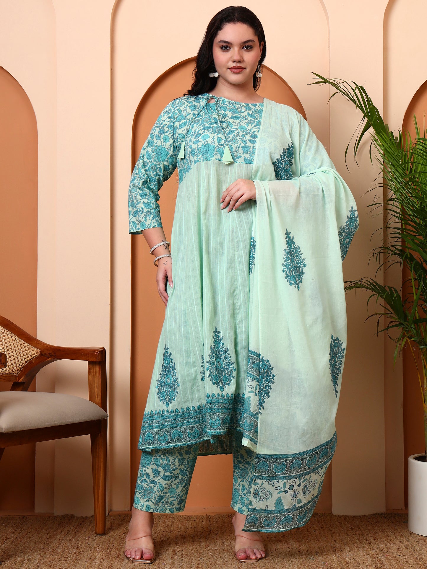 Yash Gallery Women's Green Cotton Dobby Printed Anarkali Kurta Set with Pant & Dupatta Plus Size