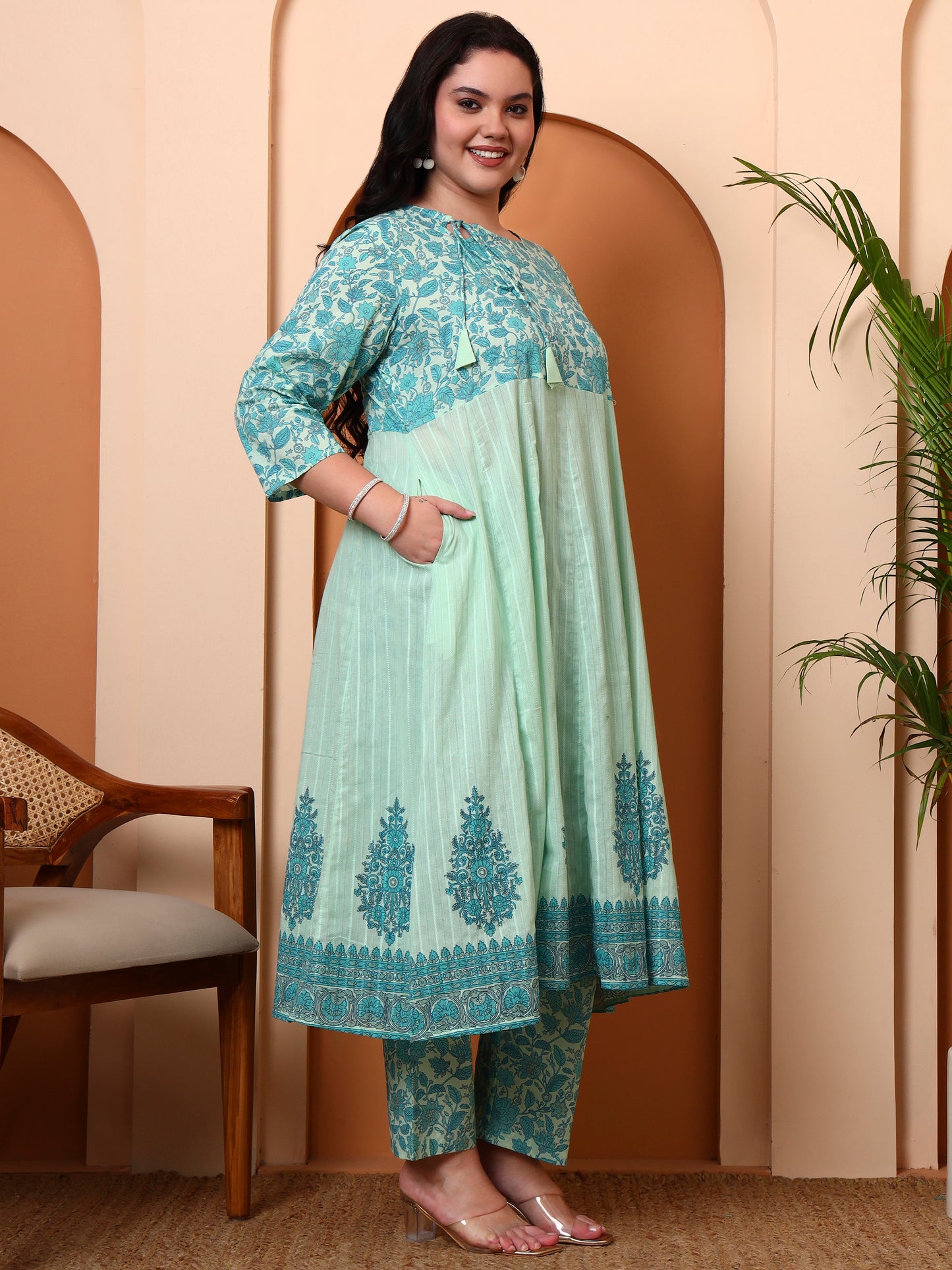 Yash Gallery Women's Green Cotton Dobby Printed Anarkali Kurta Set with Pant & Dupatta Plus Size