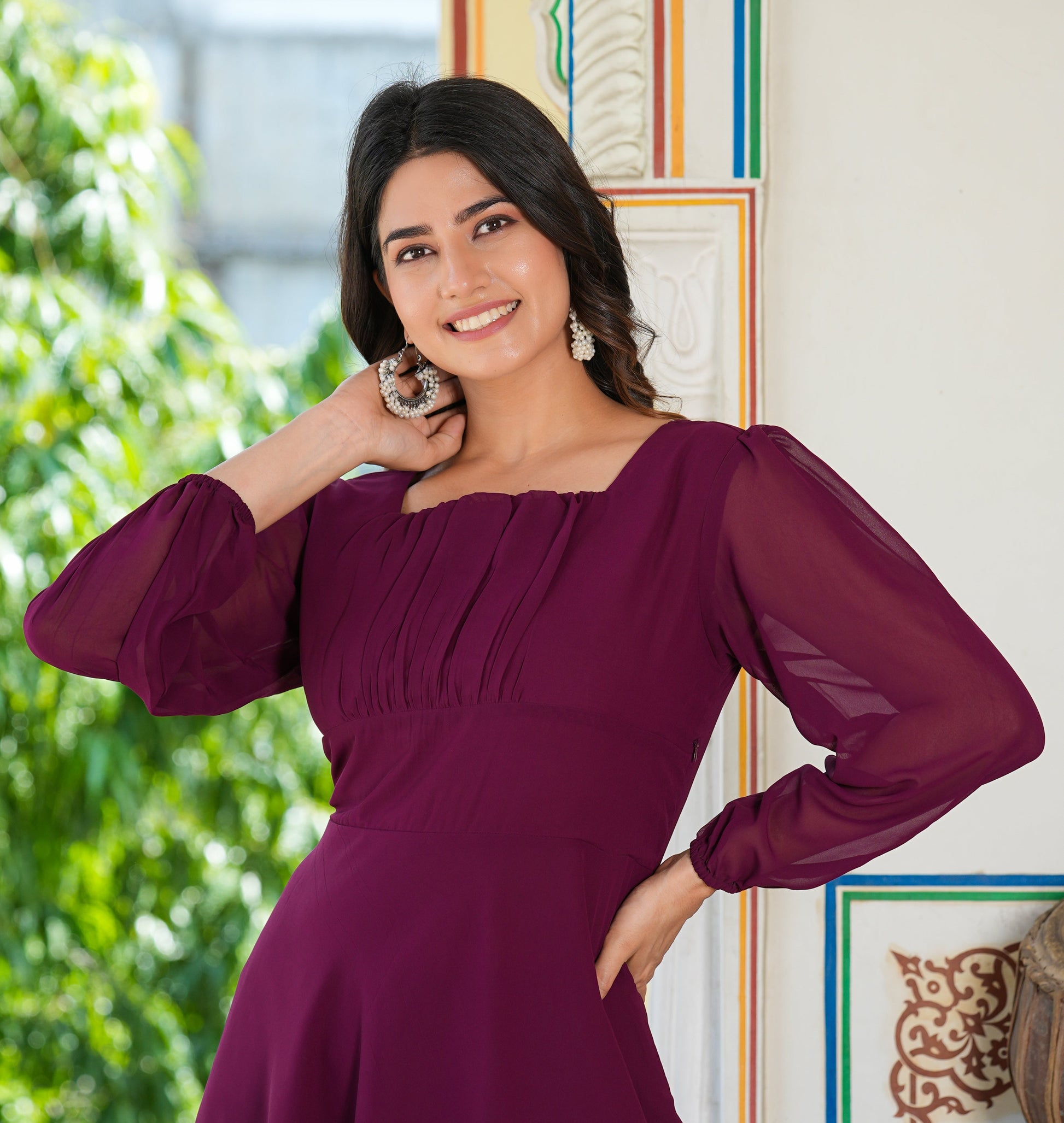 yash gallery womens wine fited georgette anarkali dress wine