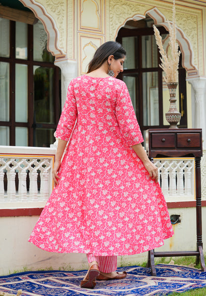 womens floral printed anarkali kurta with pants dupatta set pink