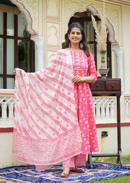 womens floral printed anarkali kurta with pants dupatta set pink