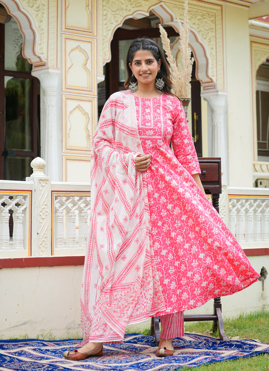 YASH GALLERY Women's Floral Printed Anarkali Kurta with Pants & Dupatta Set (Pink)
