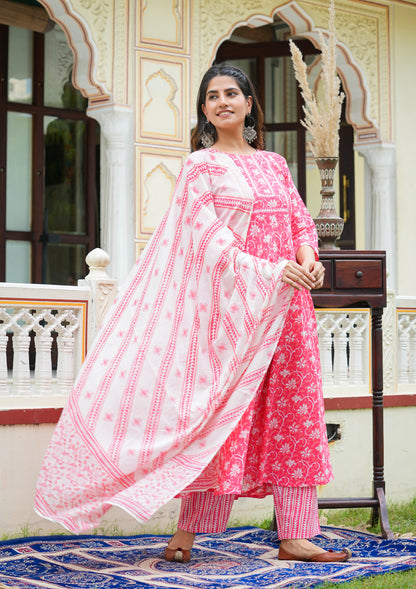 womens floral printed anarkali kurta with pants dupatta set pink