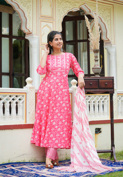 womens floral printed anarkali kurta with pants dupatta set pink