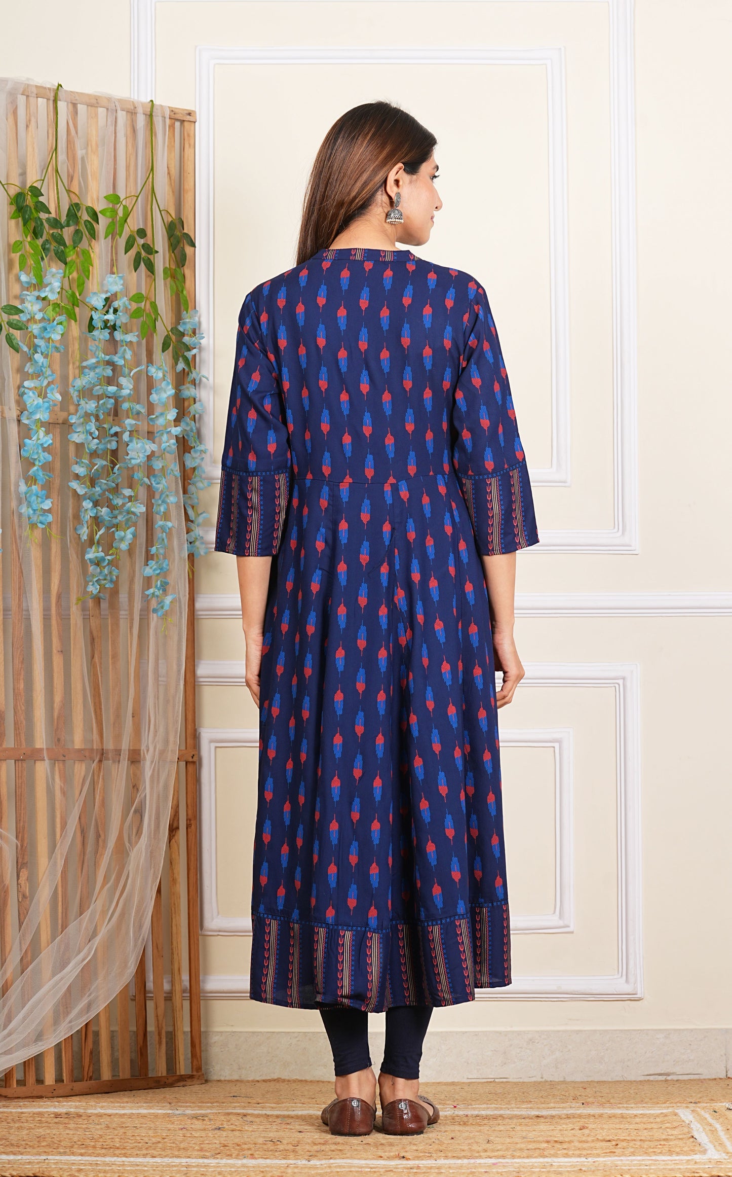YASH GALLERY Women's Rayon Ikat Printed Anarkali Kurta Mandarin Collar With DUPTTA