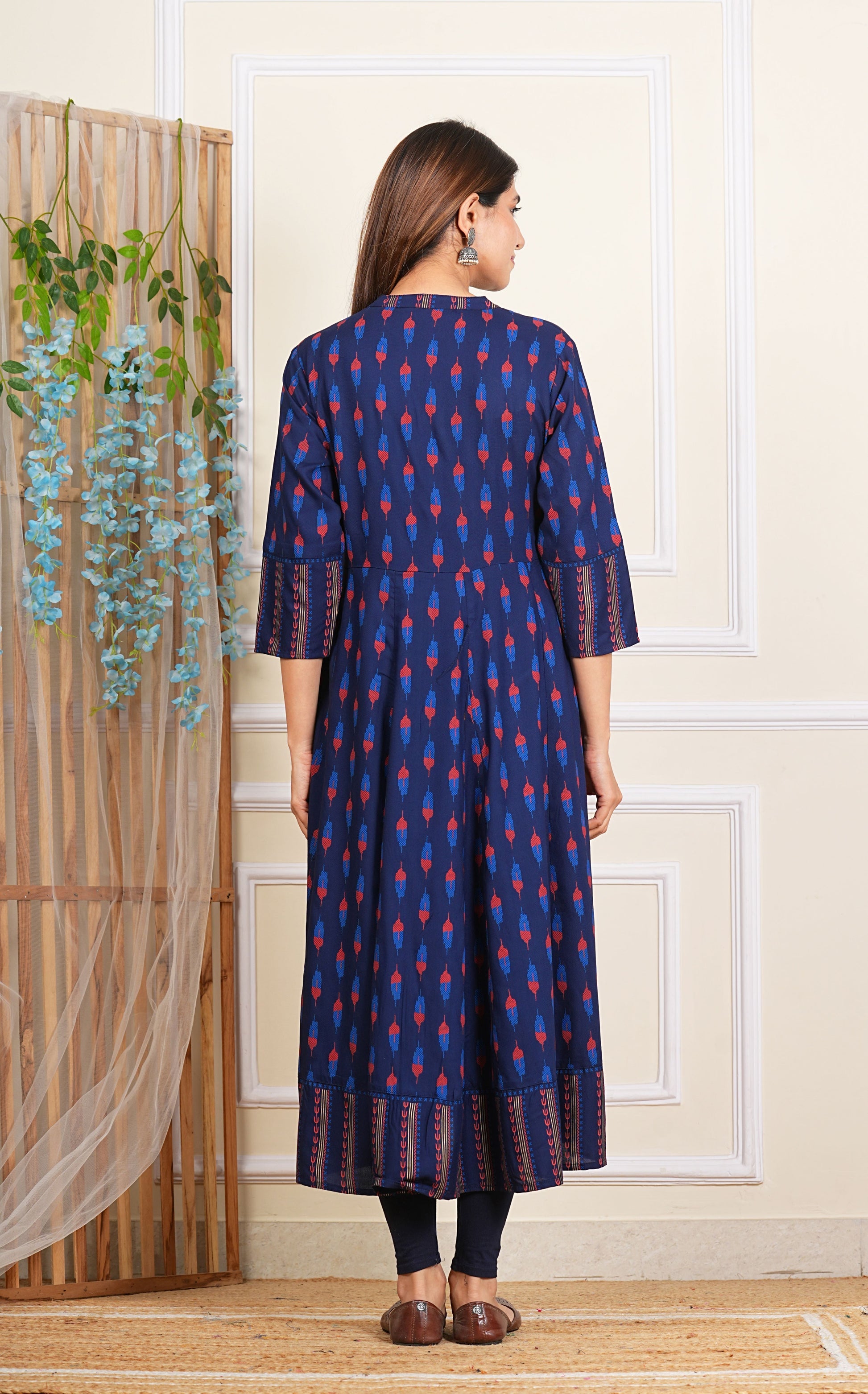YASH GALLERY Women's Rayon Ikat Printed Anarkali Kurta Mandarin Collar With DUPTTA