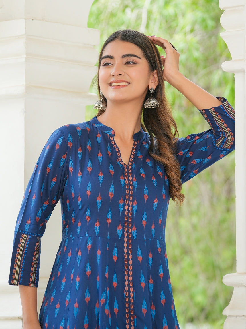 YASH GALLERY Women's Rayon Ikat Printed Anarkali Kurta