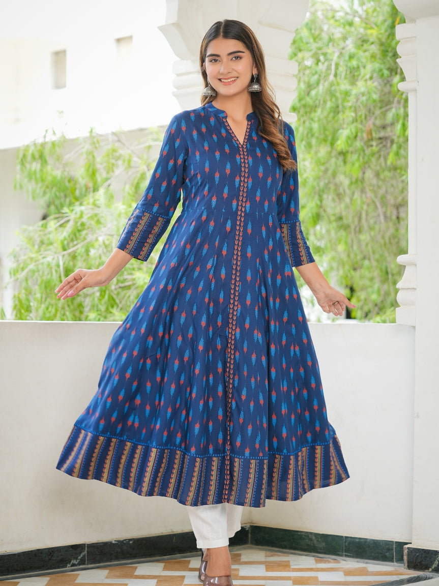 YASH GALLERY Women's Rayon Ikat Printed Anarkali Kurta