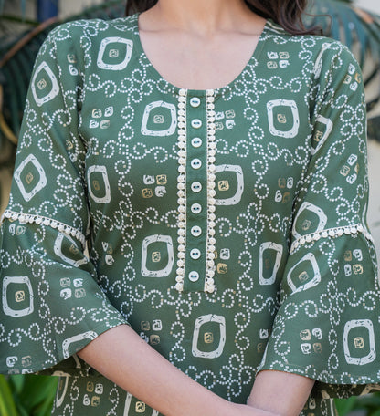 yash gallery womens rayon bandhej printed a line kurta green