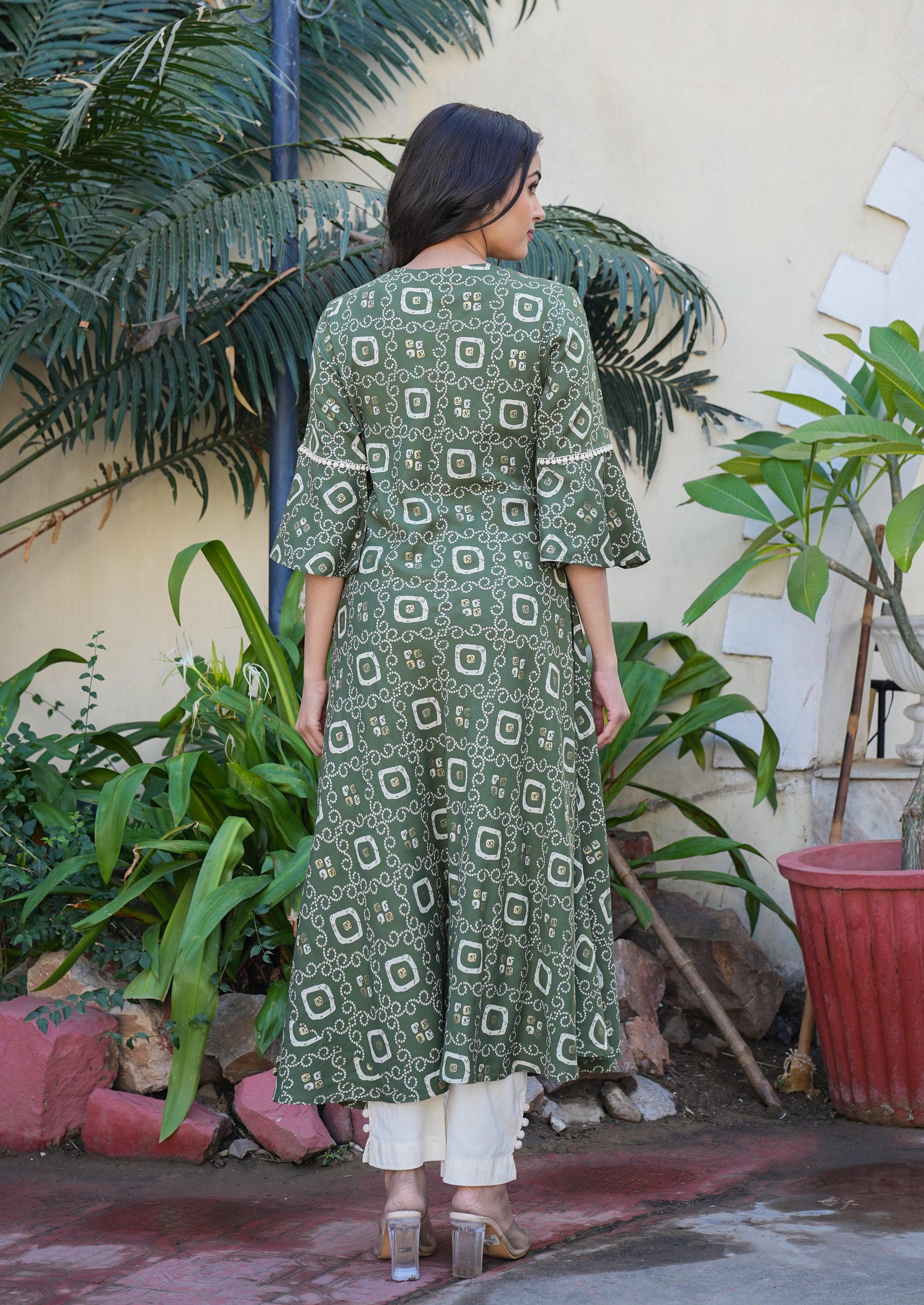 yash gallery womens rayon bandhej printed a line kurta green