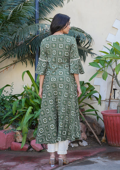 yash gallery womens rayon bandhej printed a line kurta green