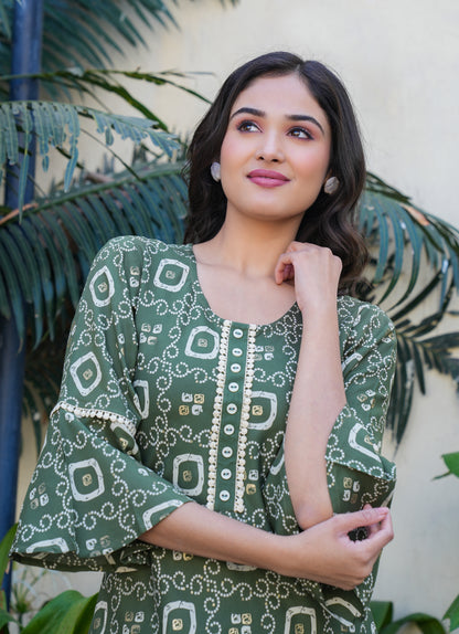 YASH GALLERY Women's Rayon Bandhej Printed A-Line Kurta (Green)