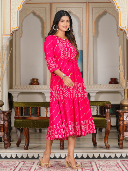 yash gallery womens floral gold printed tiered dress