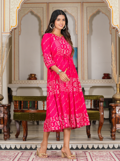 yash gallery womens floral gold printed tiered dress