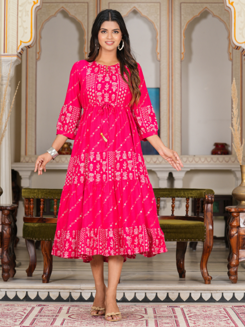 yash gallery womens floral gold printed tiered dress