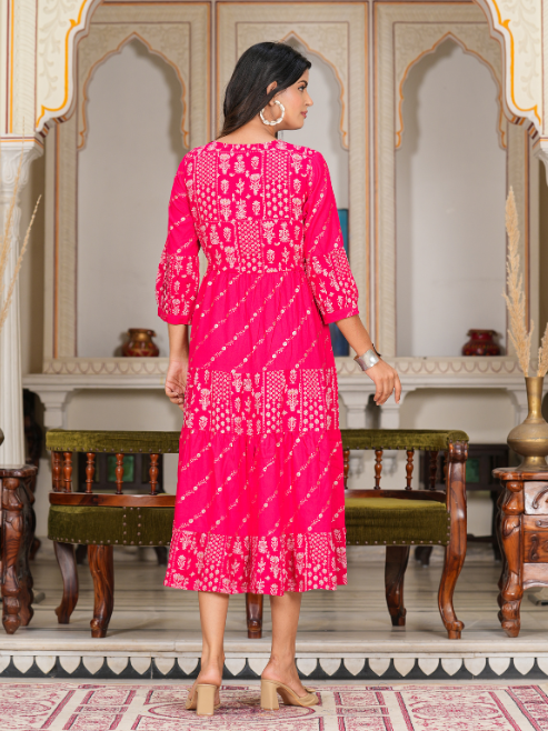 yash gallery womens floral gold printed tiered dress