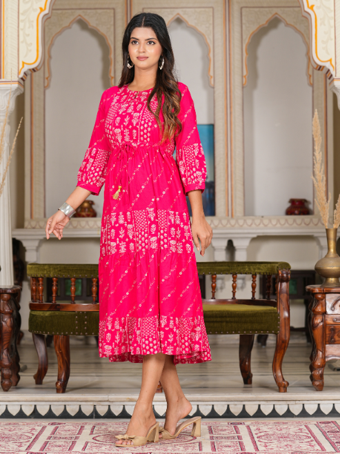 yash gallery womens floral gold printed tiered dress