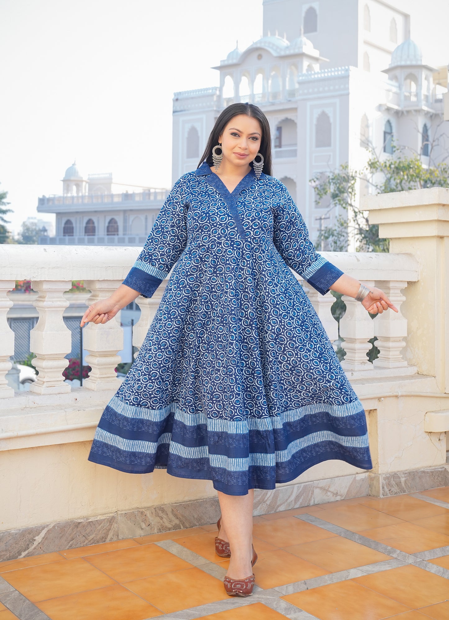 YASH GALLERY Women's Blue Cotton Floral Printed Anarkali Dress