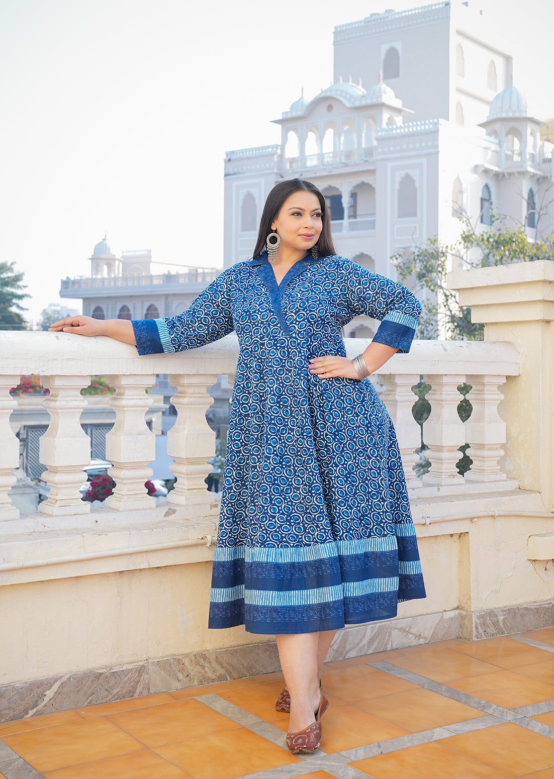 YASH GALLERY Women's Blue Cotton Floral Printed Anarkali Dress