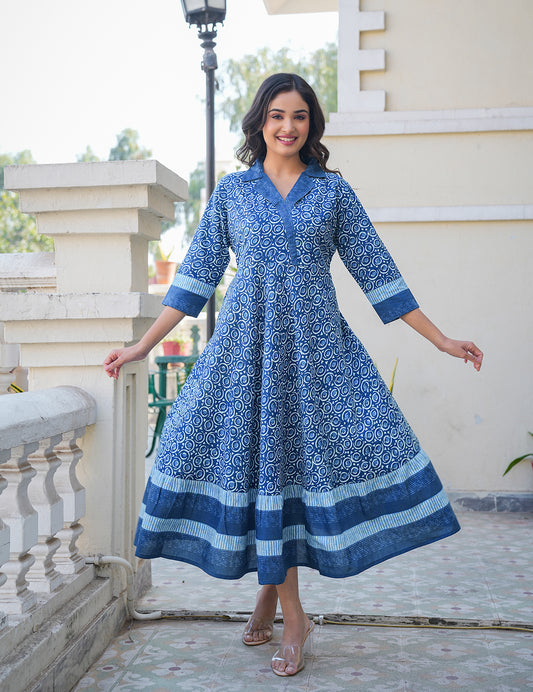 YASH GALLERY Women's Blue Cotton Floral Printed Anarkali Dress