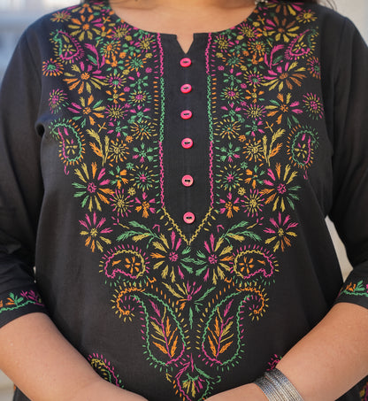 YASH GALLERY Women's Black Plus Size Cotton Chicken Embroidery Printed Straight Kurta Set (Black)