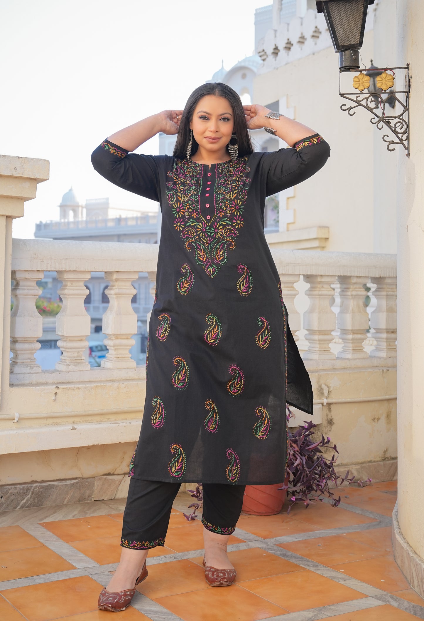 YASH GALLERY Women's Black Plus Size Cotton Chicken Embroidery Printed Straight Kurta Set (Black)