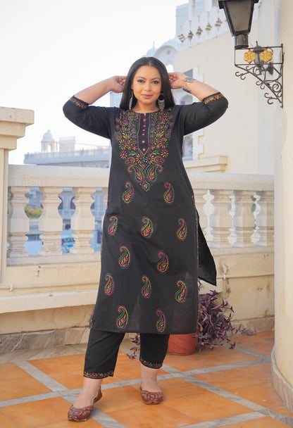 YASH GALLERY Women's Black Plus Size Cotton Chicken Embroidery Printed Straight Kurta Set (Black)