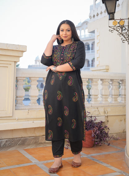 YASH GALLERY Women's Black Plus Size Cotton Chicken Embroidery Printed Straight Kurta Set (Black)