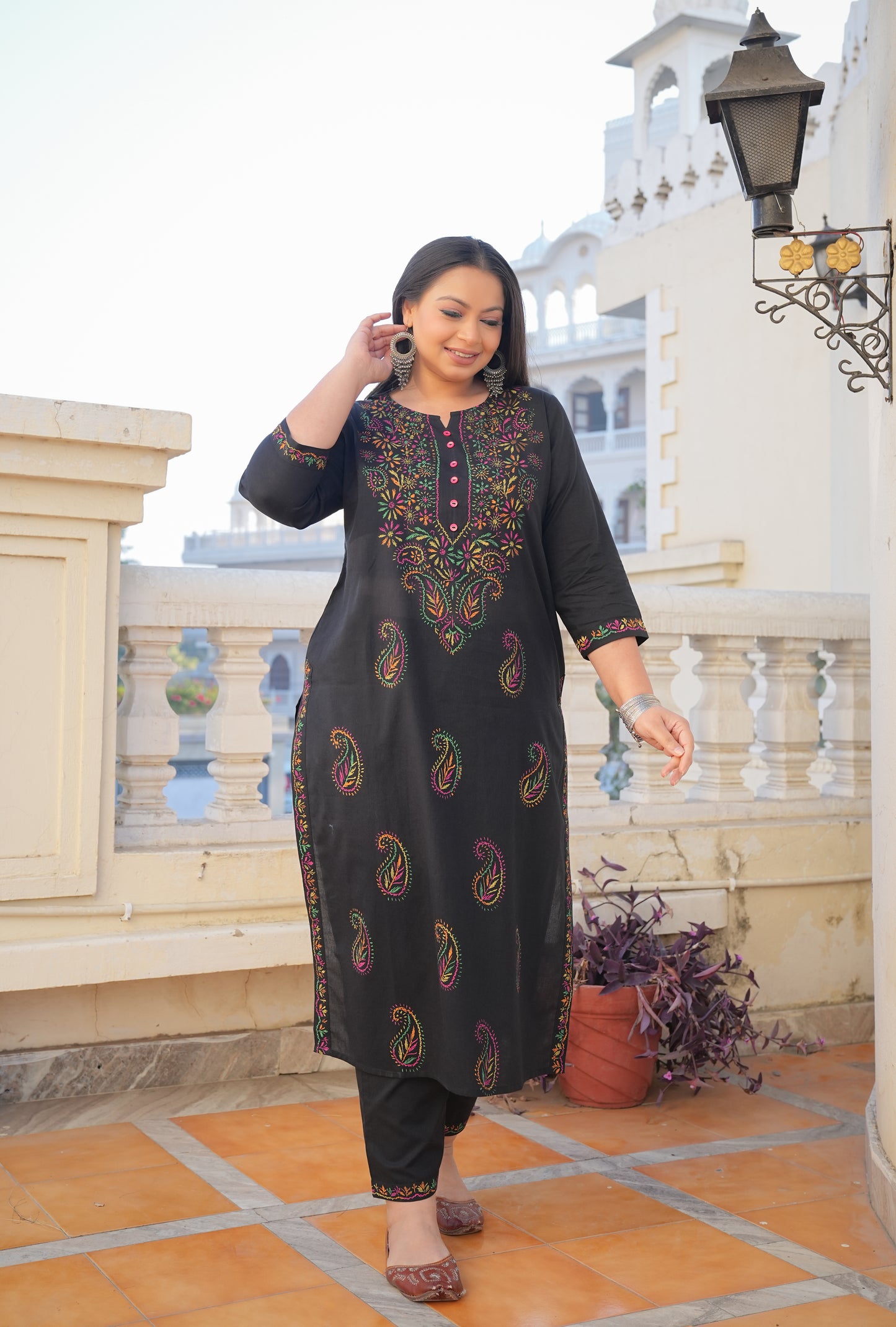 YASH GALLERY Women's Black Plus Size Cotton Chicken Embroidery Printed Straight Kurta Set (Black)