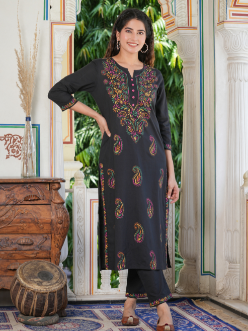 yash gallery womens black plus size cotton chicken embroidery printed straight kurta set black