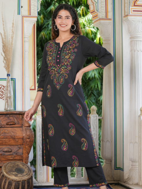 yash gallery womens black plus size cotton chicken embroidery printed straight kurta set black