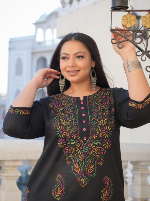 yash gallery womens black plus size cotton chicken embroidery printed straight kurta set black