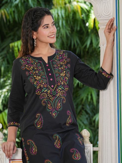 yash gallery womens black plus size cotton chicken embroidery printed straight kurta set black