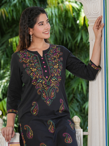 yash gallery womens black plus size cotton chicken embroidery printed straight kurta set black
