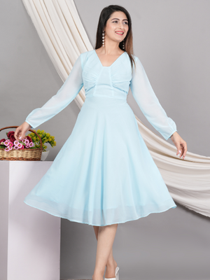 Yash Gallery Women's Georgette Gathered Flared Dress (Sky-Blue) M / Sky Blue / Georgette