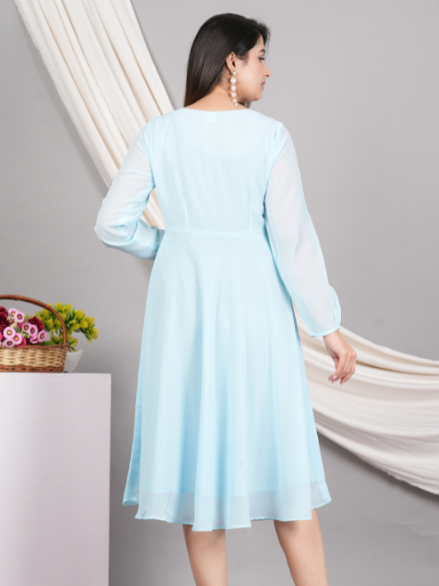Yash Gallery Women's Georgette Gathered Flared Dress (Sky-blue) Yash Gallery Women's Georgette Gathered Flared Dress (Sky-blue)