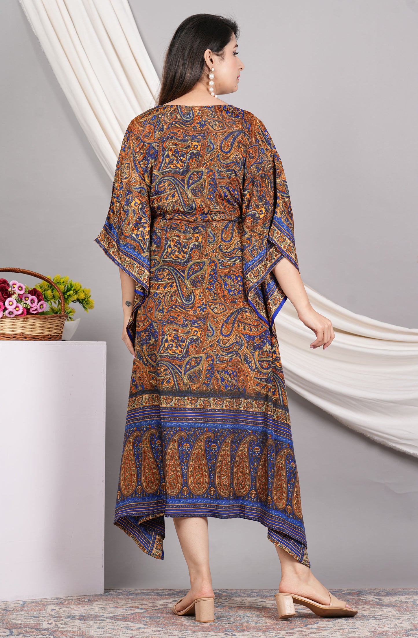 Yash Gallery Polyester Calf Length Digital Printed V-neck Kaftan for Women