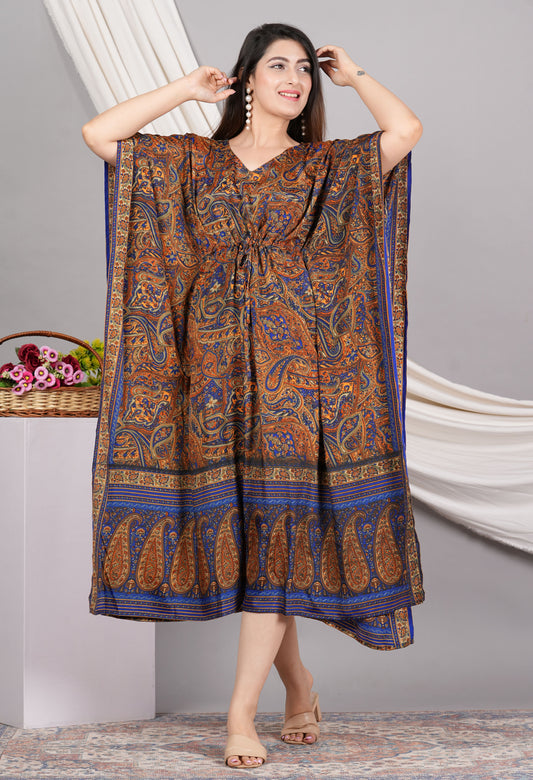 Yash Gallery Polyester Calf Length Digital Printed V-neck Kaftan for Women