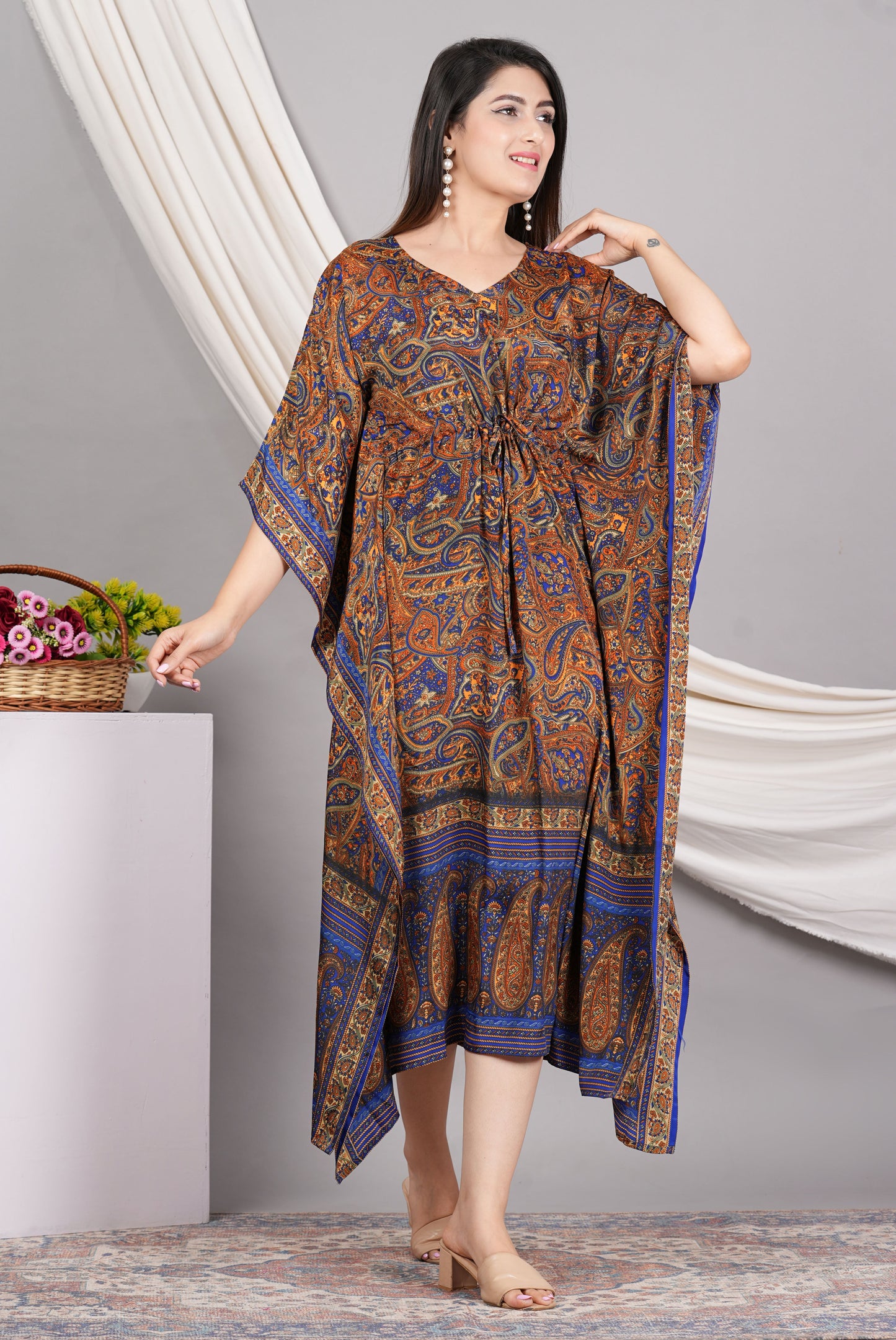 Yash Gallery Polyester Calf Length Digital Printed V-neck Kaftan for Women