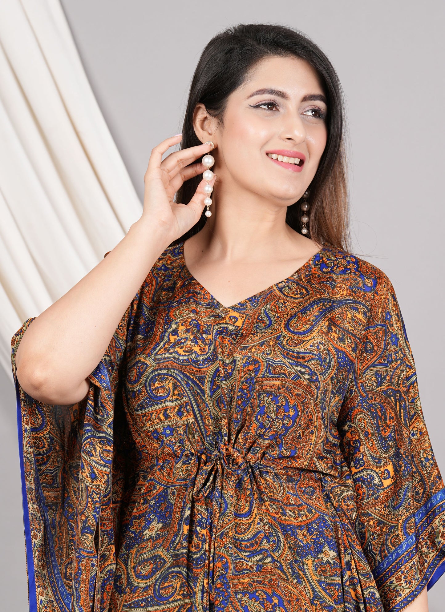 Yash Gallery Polyester Calf Length Digital Printed V-neck Kaftan for Women