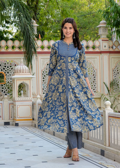 Yash Gallery Women's Floral Printed Anarkali Kurta with Zig-Zag Printed Pant & Dupatta (Blue)